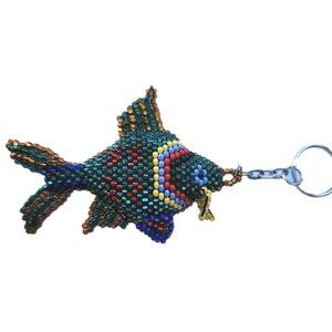 ETHNIC Artisan Handcrafted Microbeaded Green Fish Keychain/Handbag Purse Charm